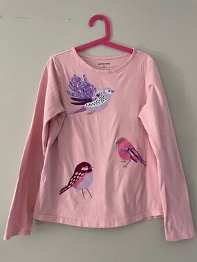 Lands End Girls Pink Bird Sequin Long Sleeve Cotton Tee Shirt Size M 10-12